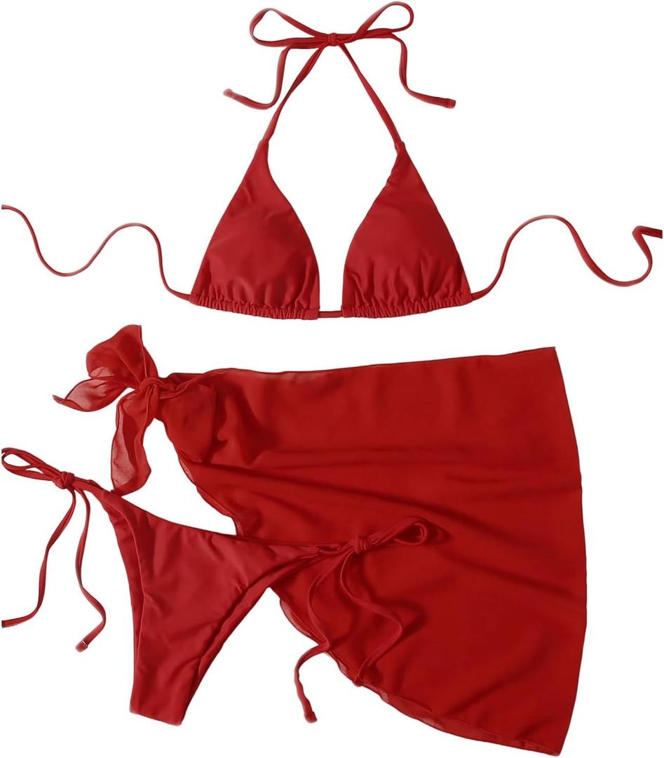WDIRARA Women's 3 Piece Bathing Suit Triangle Bikini Swimsuit Halter with Cover Up (Red) Small