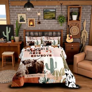 Manfei Western Cowboys Kids Comforter Set Twin Size,Highland Cattle Cactus Bull Skull Bedding Set,Girls Boys Adults Bedroom Decor,Geometric Patchwork Down Comforter,Rustic Duvet Insert,1 Pillowcase