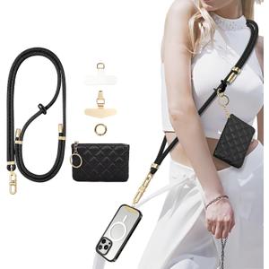 Phone Lanyard Crossbody with Leather Zipper wallet,2 Phone Tabs,360  rotation Premium Metal Buckles Anti theft Adjustable Lanyard,for All Phones,Skin-Friendly Neck Strap Stylish(Travel/Gym) (Black)