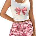 Women's 2 Piece Outfits Bow Graphic Crop Tank Top and Frill Bloomers Shorts Summer Outfits Trendy (XL)