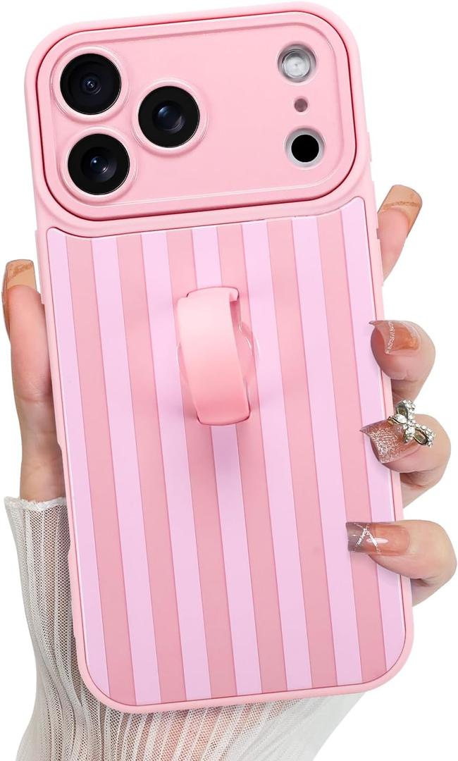 KANGHAR Compatible with iPhone 17 Pro Max Case 2025, Silicone Stripes Cute Pattern, Wristband Kickstand Camera Protection Soft Slim Cover for Girls Women -Pink