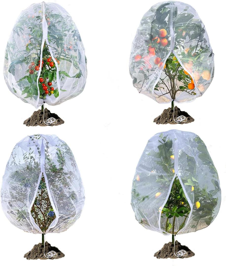 Fruit Tree Netting, RIFNY 3.9 X 3.3 FT Blueberry Bush Netting Cover with Zipper Drawstring, Outdoor Mosquito Net Garden Netting Cover Protector Plant from Birds Cicadas Animals Insect (4 PCS, White)