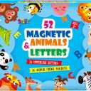 Large Magnetic Letters and Animals, Educational Learning Tool for Kids Word Recognition 52 Pieces Magnets Include 26 Colorful Alphabet Letters and Corresponding Cartoon Images