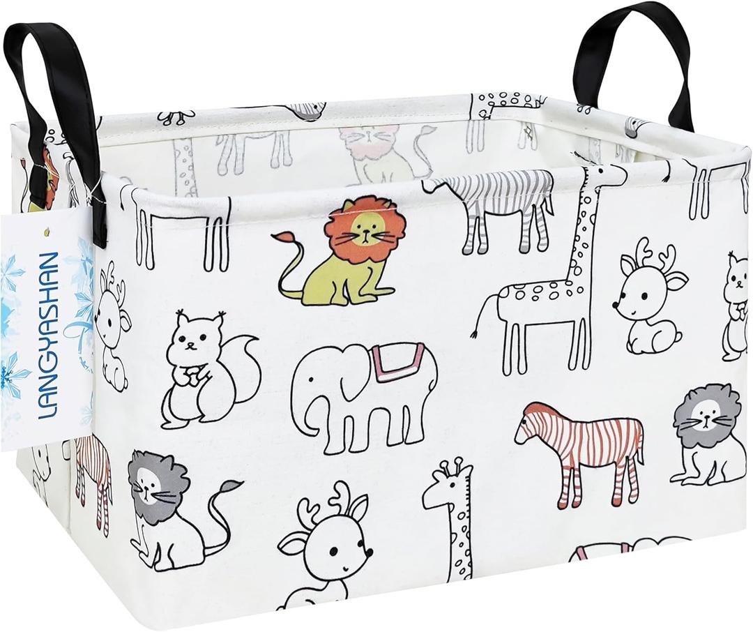 LANGYASHAN Rectangular Storage Bin Collapse Canvas Fabric Cartoon Storage Basket with Handles for Organizing Home Kitchen Boys and Girls Toys Office Closet Shelf Baskets (Rec Simplified Zoo)