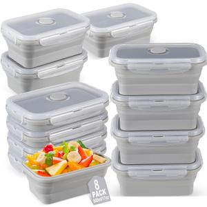 Mifoci Set of 8 Silicone Collapsible Bowls with Vent Lids 17 oz Silicone Storage Containers for Food Meal Preparation Square Bowl, Microwave, Freezer and Dishwasher Safe(Gray)