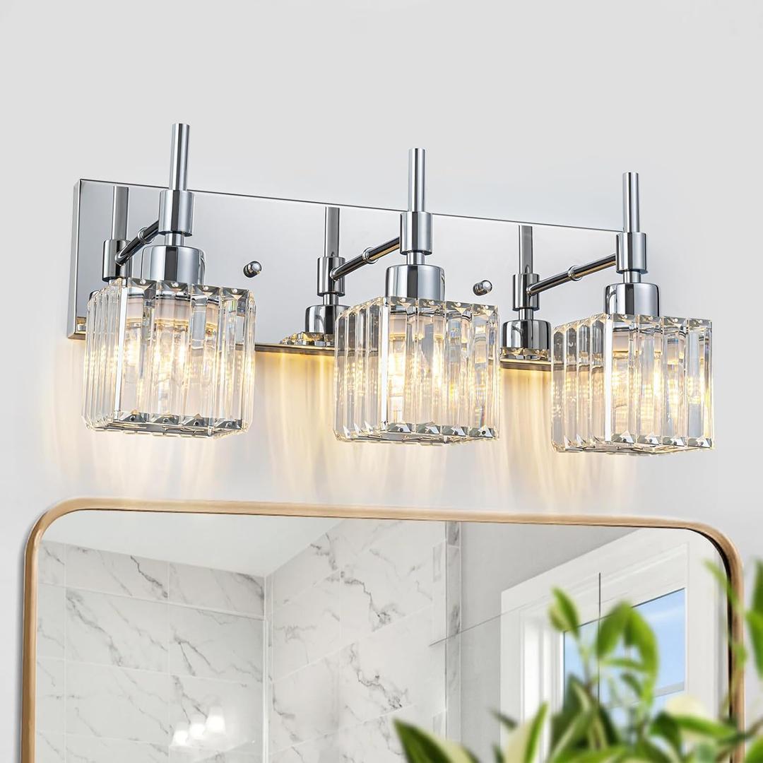 Modern Crystal Bathroom Vanity Light,3-Lights Chrome Vanity Lighting Fixtures Over Mirror Bathroom Light Fixtures for Bathroom, Bedroom, Living Room,Dressing Room