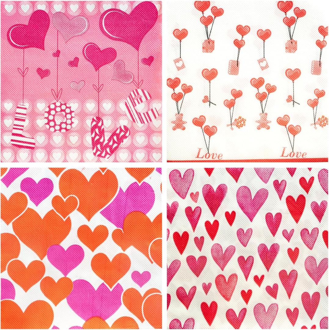 3 x Valentine's Day Cocktail Napkins Paper, 40 Pack 4 Styles Assorted Hearts Design Luncheon Napkins for Valentine's Day Decoration and Best for Decoupage, Bridal Shower, Wedding, Holiday Party