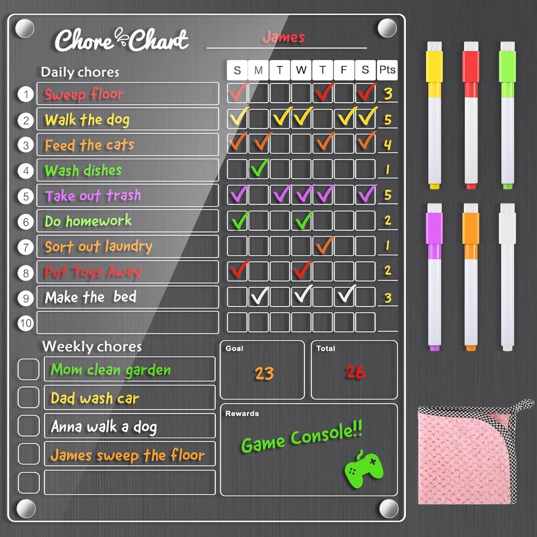 Acrylic Magnetic Chore Chart for Kids,Chores Chart for Fridge Refrigerator,Dry Erase Behavior Chore Chart for Multiple Kids,Responsibility Reward Chart for Teens Adults Family,11.5"x15"(1 Pack)