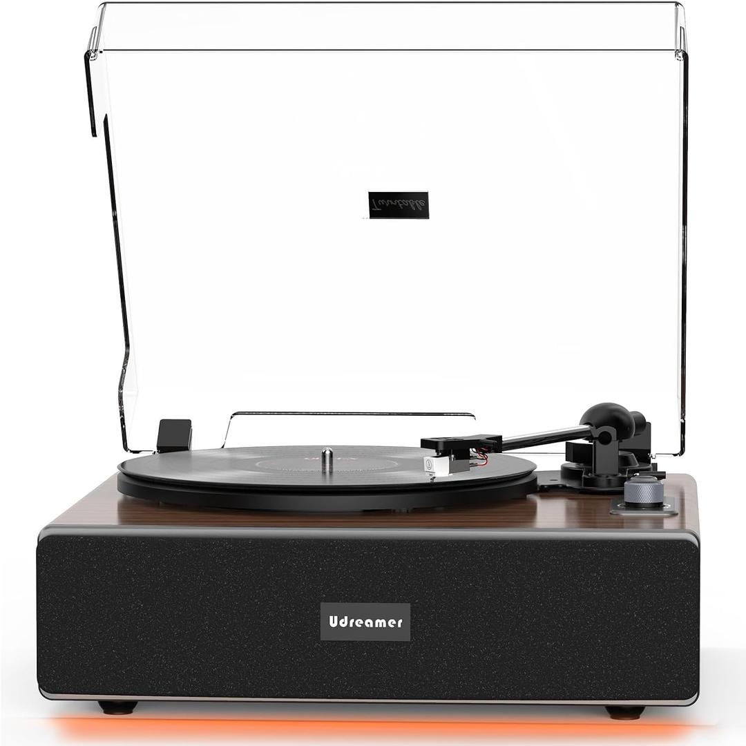 Udreamer Vinyl Record Player with Bluetooth Input, All-in-One Turntable with Built-in Speakers, AT-3600L Cartridge, Belt Drive 33/45 RPM, Auto Stop, Adjustable Lighting