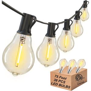 DAMAING Outdoor string lights 75FT Waterproof patio string lights with 38 Shatterproof Dimmable A39 LED Bulbs, 2FT bulbs apart Connectable Outdoor Lighting for Backyard Garden Bistro and Balcony 2200K