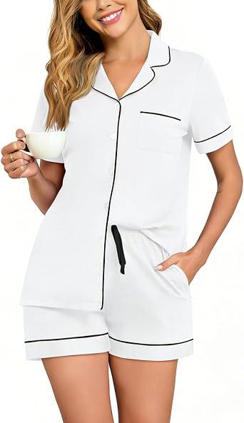Veseacky Women's Summer Cool 100% Cotton Short Sleeve Pajama Set Button Down Shorts with Drawstring & Pockets (White,XL)