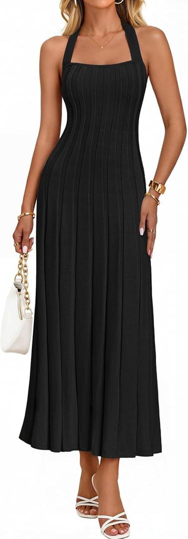 MEROKEETY Women's 2026 Spring Summer Sweater Dress Casual Halter Sleeveless Elegant Ribbed Knitted Bodycon Midi Dresses (Black, M)