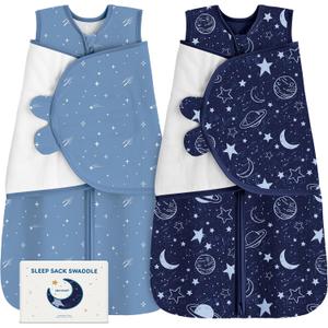 Unnivoll Newborn Sleep Sack Swaddle 100% Cotton Baby Swaddle 0-3 Months, 3-Way Adjustable Wearable Blanket, TOG 0.5, 2 Pack for Baby Boy Girl Dark Blue Planet