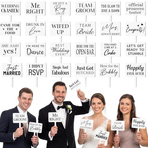 Beeveer 24 Designs Wedding Party Decorations Photo Booth Props Double Sided 13.4 x 5.5 Inch White Bridal Shower Photo Booth Props PVC Printing for Weddings Marriage Engagement Party Supplies