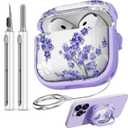 Inesore with Safety Lock for AirPods 4 Case,Clear Floral Cute AirPod 4th Generation Case for Women Girly with Cleaner Kit and Keychain- Purple Bell Flower