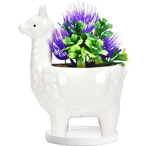 Lependor Cute Alpaca Succulent Planter Pot with Drainage Tray, White Ceramic Cactus/Flower Container, Animal Llama Bonsai Holder for Indoor Plants - White