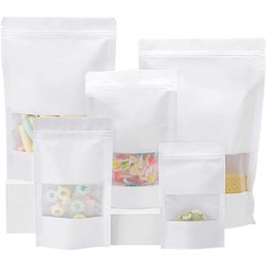 100 Pcs Resealable Stand Up Kraft Paper Bags, 4.7 x 7.9 Inch White Food Storage with Matte Window, Reusable Zip Lock & Heat Sealable for Packaging