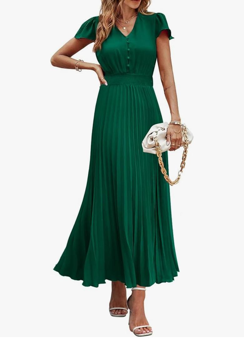 PRETTYGARDEN Women's Summer Maxi Dresses 2026 Trendy Casual Button V Neck Ruffle Cap Sleeve Long Flowy Spring Pleated Dress XL