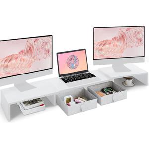 TEAMIX Dual Monitor Stand Riser - Length and Angle Adjustable White Monitor Stand with 2 Drawers to Storage Large Computer Riser for 2 Monitors/Laptop/PC, Wood Screen/TV Stand Desk Organizer (White)