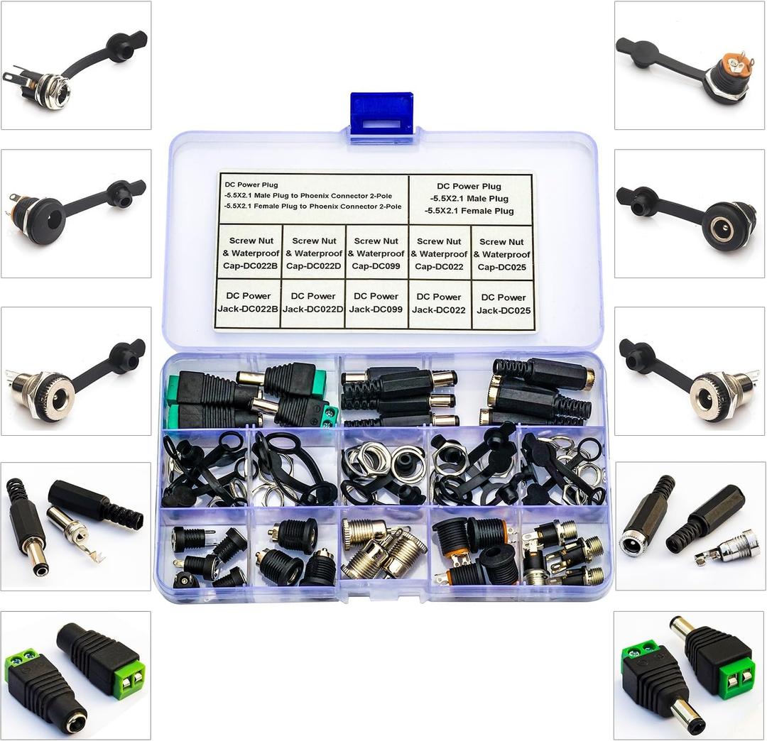 DC Power Jack Connector Assorted Kit, 5.5x2.1mm DC Power Supply Jack Socket Male Female Panel Mount Connector with Waterproof Cap & Hex Nut DC022B DC022D DC099 DC022 DC025 (DC-Cap-Kit)