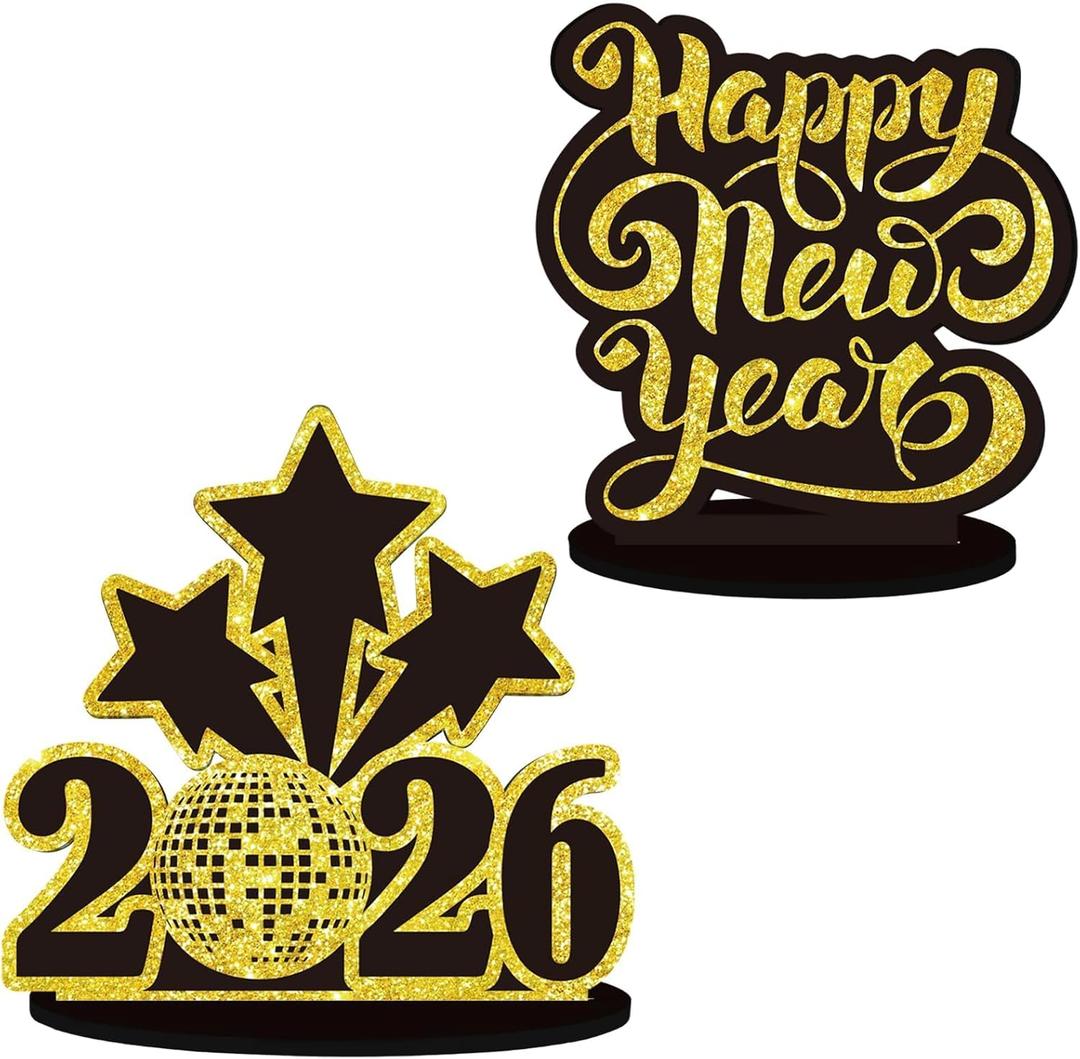 2026 Happy New Year Table Sign Table Decor Wooden New Year Signboard Block Sign Black Gold Party Decorations Eve Party Supplies for 2026 Party Decorations Celebration (Glitter gold-1)