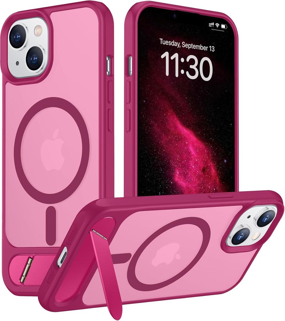 Temdan Magnetic Compatible with iPhone 14 Case/iPhone 13 Case,[Built-in Invisible Kickstand][Compatible with MagSafe][Military Grade Shockproof] Slim Translucent Matte Phone Case for iPhone 14/13 6.1" (Plum Red)