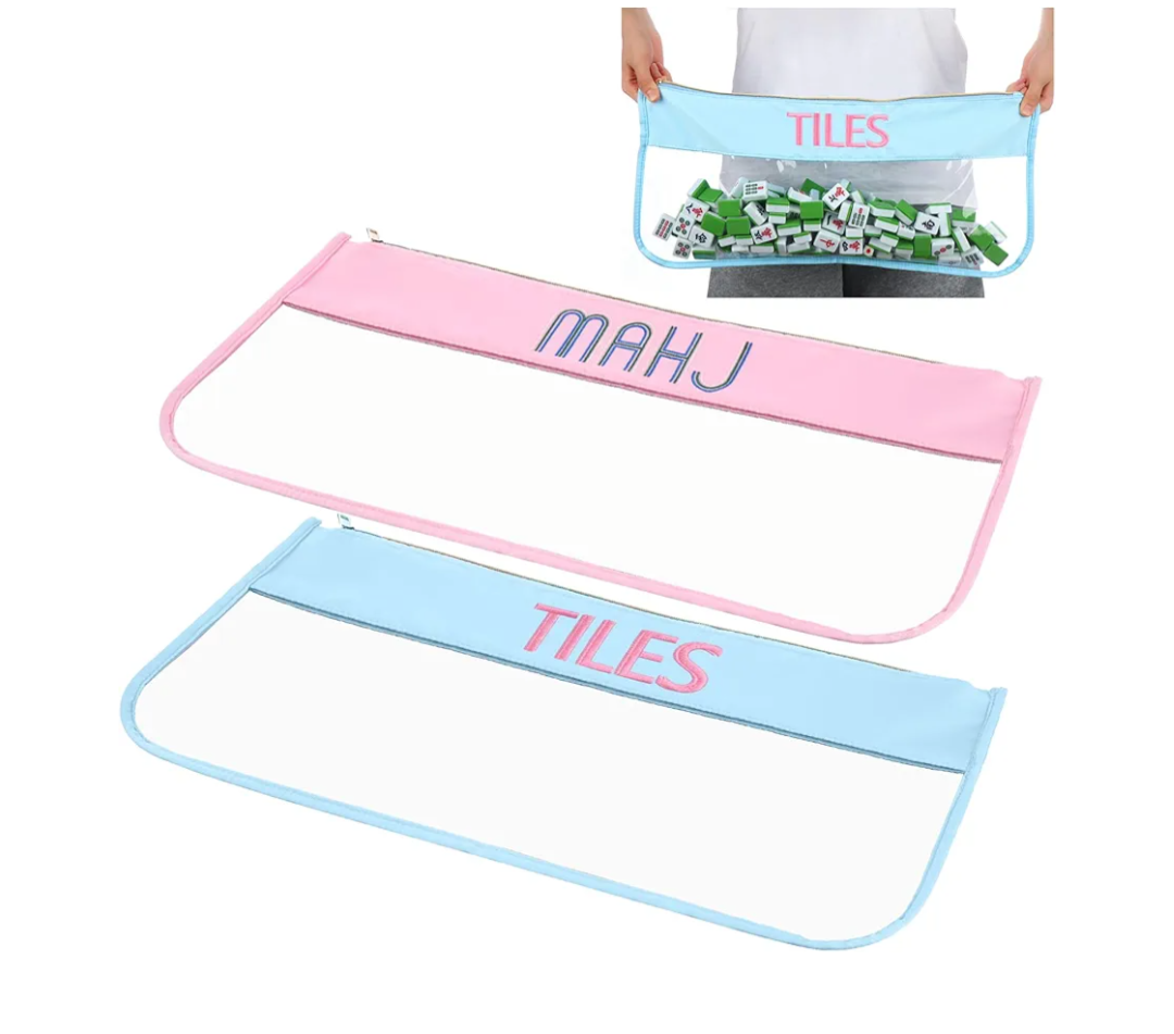 SilTriangle 2 Pcs Empty Mahjong Tile Bag 20.9 x 9.45 Inch American PVC Clear Mahjong Case Size 166 Waterproof Zippered Storage Tile Holder Rack Bag for Game Lover Gift Travel, Case Only(Blue,White)