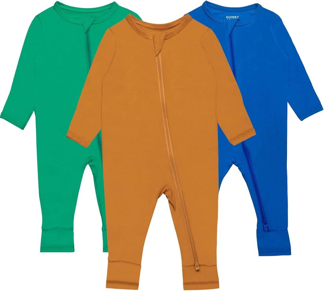 GUISBY Baby Pajamas with Mitten Cuffs - 2Pcs Girls Boys 2 Way Zipper Long Sleeve Rayon Sleepers, 0-3 Months