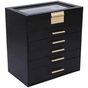 BOOVO Jewelry Box for Women, Black 6 Layer Large Jewelry Organizer with Glass Lid for Necklace, Bracelet, Earrings, Rings Storage, Jewelry Organizers and Storage for Girls Gift (Clear Black, 6 layer)