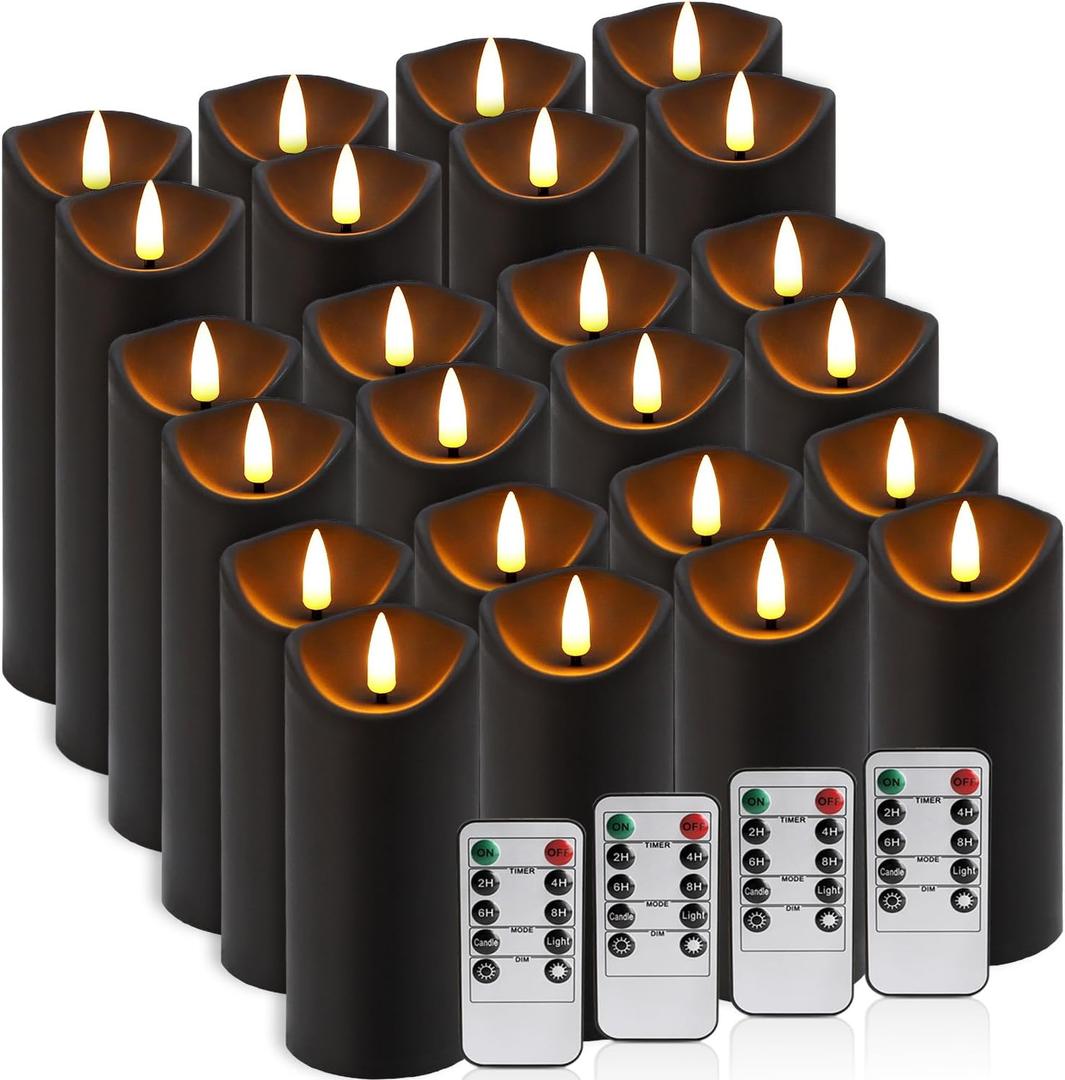 YOROXRG 24 Pack Halloween Decoration Flickering Flameless Candles, Battery Operated LED Pillar Candles with Remote Control and Timer.for Home Decor (D2.2 xH 5" 6" 7" Black)
