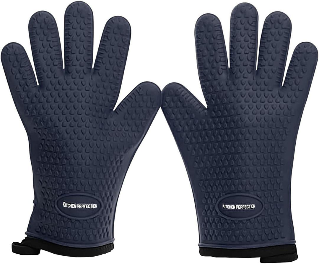 KITCHEN PERFECTION Silicone Smoker Oven Gloves - Extreme Heat Resistant BBQ Gloves - Handle Hot Food Right on Your Smoker Grill Fryer Pit | Waterproof Oven Mitts | Superior Value Set + 3 Bonuses (One Size Fits Most, Royal Blue)