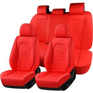 Coverado Full Set Car Seat Covers, 5-Seat Universal Faux Leather Waterproof Seat Covers, Front & Back Car Seat Protectors, Red Leather Seat Covers Fit for Most Vehicles-Red