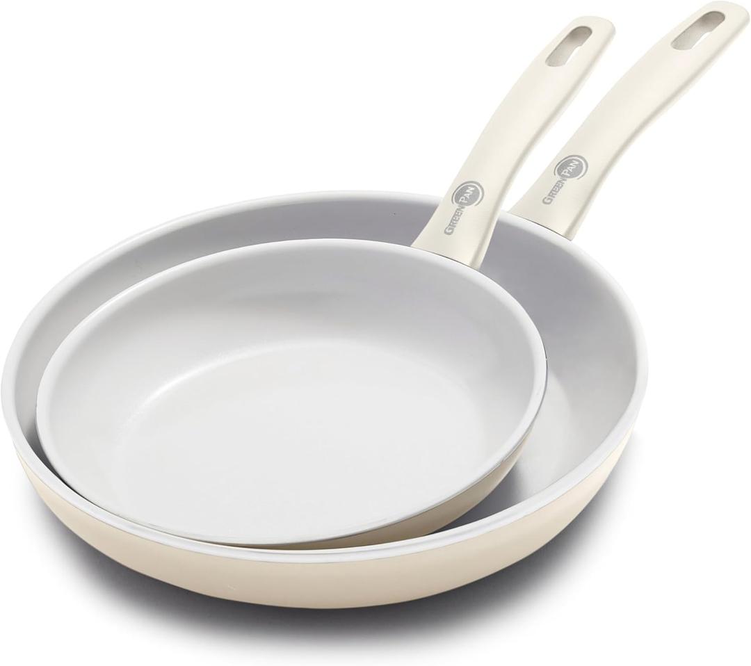 GreenPan Dover 8 10 2 Piece Frying Pan Skillet Set, Non-Toxic PFAS-Free Ceramic Nonstick Coating, Sear Saute Fry Egg Omlete, Dishwasher & Oven Safe, Stay Cool Handle, Easy Pour Rims, Cream White