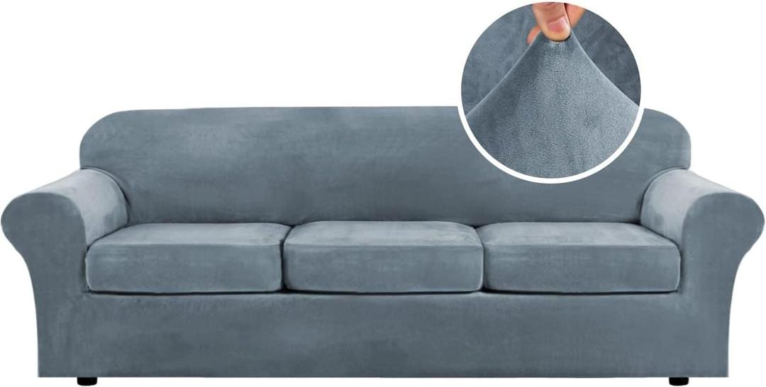 H.VERSAILTEX High Stretch Sofa Slipcover 4 Piece Cover Velvet Furniture Protector Form Fit Thick Velvet Extra Large Sofa Cover for 3 Cushion Couch Width Up to 97 Inch (Large Sofa, Stone Blue)