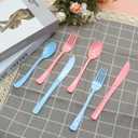 300 PCS Pink and Blue Silverware Heavy Duty 150 Pink Plastic Silverware and 150 Blue Plastic Cutlery Sets- 100 Forks 100 Knives 100 Spoons for Birthday, Baby Shower, Gender Reveal