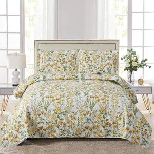 Ycosy Floral Quilt Sets Full/Queen Size Reversible Countryside Bedspread Coverlets Lightweight Yellow Flower Quilt Bedding Green Leaves Bed Covers Soft Home Collections,1 Quilt +2 Pillow Shams