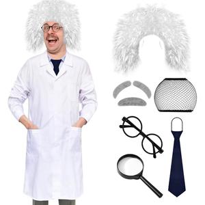 8 Pcs Mad Scientist Costume for Adult Halloween Back to The Future Albert Einstein Wig Lab Coat