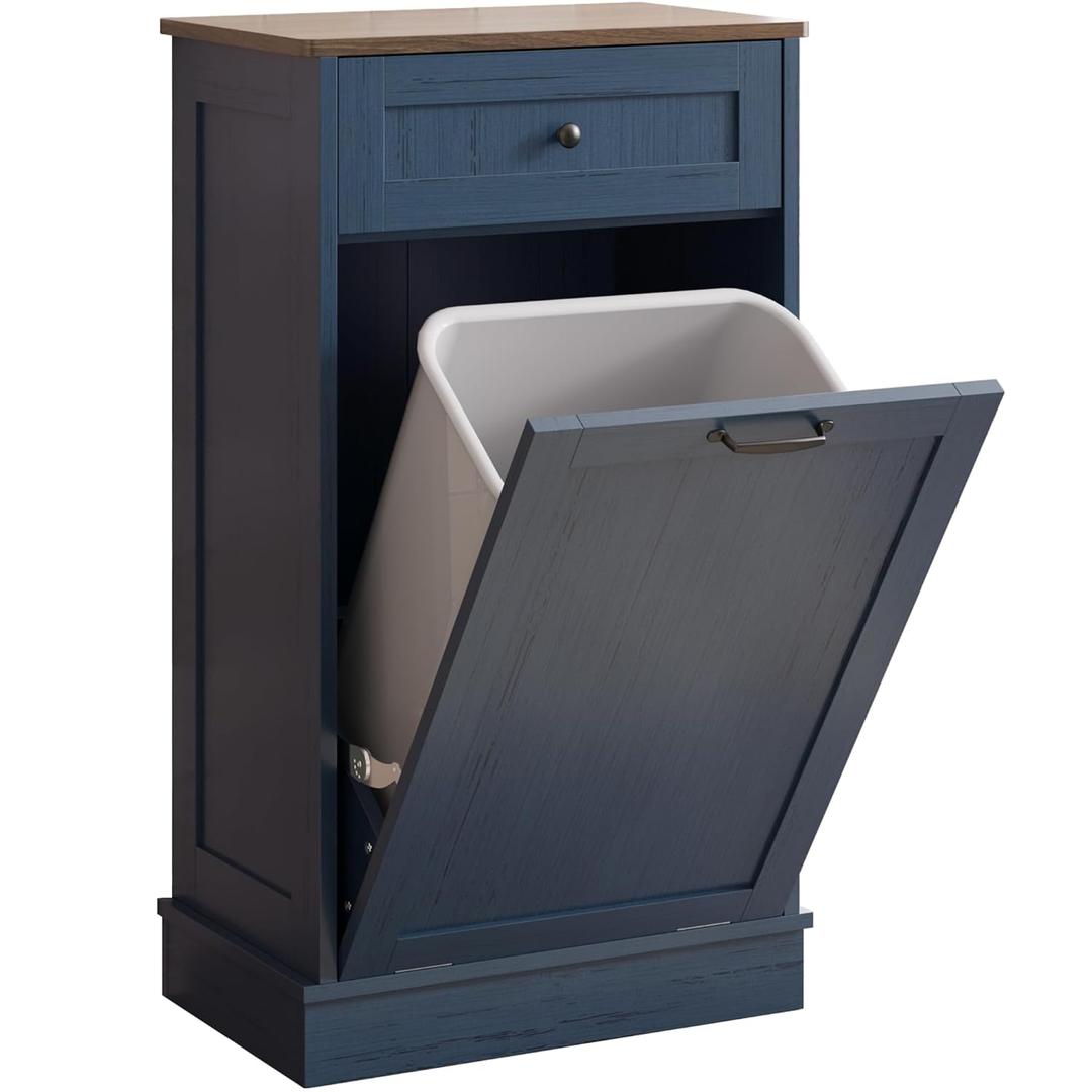KIGOTY Tilt Out Trash Can Cabinet Trash Bin Cabinet with Hideaway Drawer Hidden Wooden Kitchen Garbage Can, Pet Proof Trash Can Holder for Kitchen (Blue-Brown)