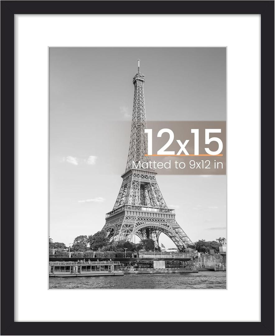 upsimples 12 x 15 Frame, Display Pictures 9x12 with Mat or 12x15 Without, Wall Hanging Photo Frame, Black, 1 Pack