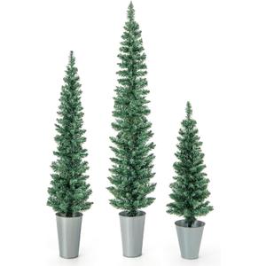 Goplus Set of 3 Artificial Christmas Tree, 3' 4' 5' Slim Pencil Xmas Tree with Silver Metal Buckets, Faux Potted Christmas Trees for Front Porch Entrance Indoor Festive Holiday Party Office Home Decor