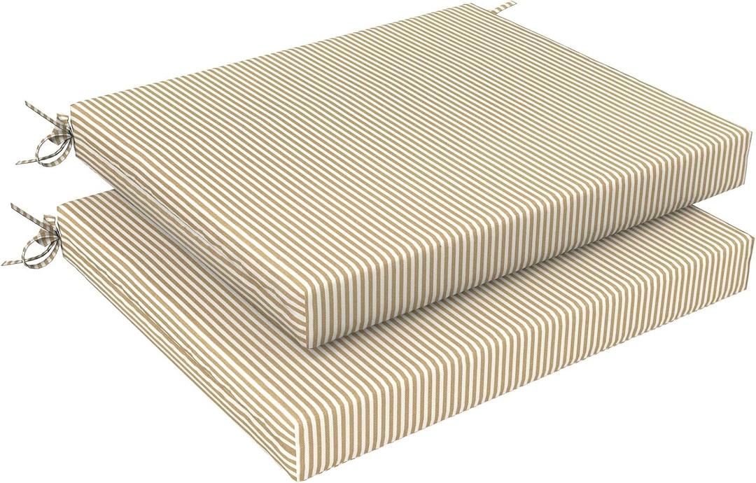 LVTXIII Outdoor Seat Cushions Seasonal Replacement Chair Cushions, Patio Chair Pads with Ties for Dining Chairs and Garden Furniture, (Square Back, 18.5"x16"x2", 2 Pack, Strip Beige)
