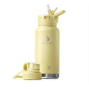 IDEUS Insulated Stainless Steel Water Bottle with 2 Leak-Proof Lids, Thermal Water Flask for Hiking Biking, 32oz, Light Yellow