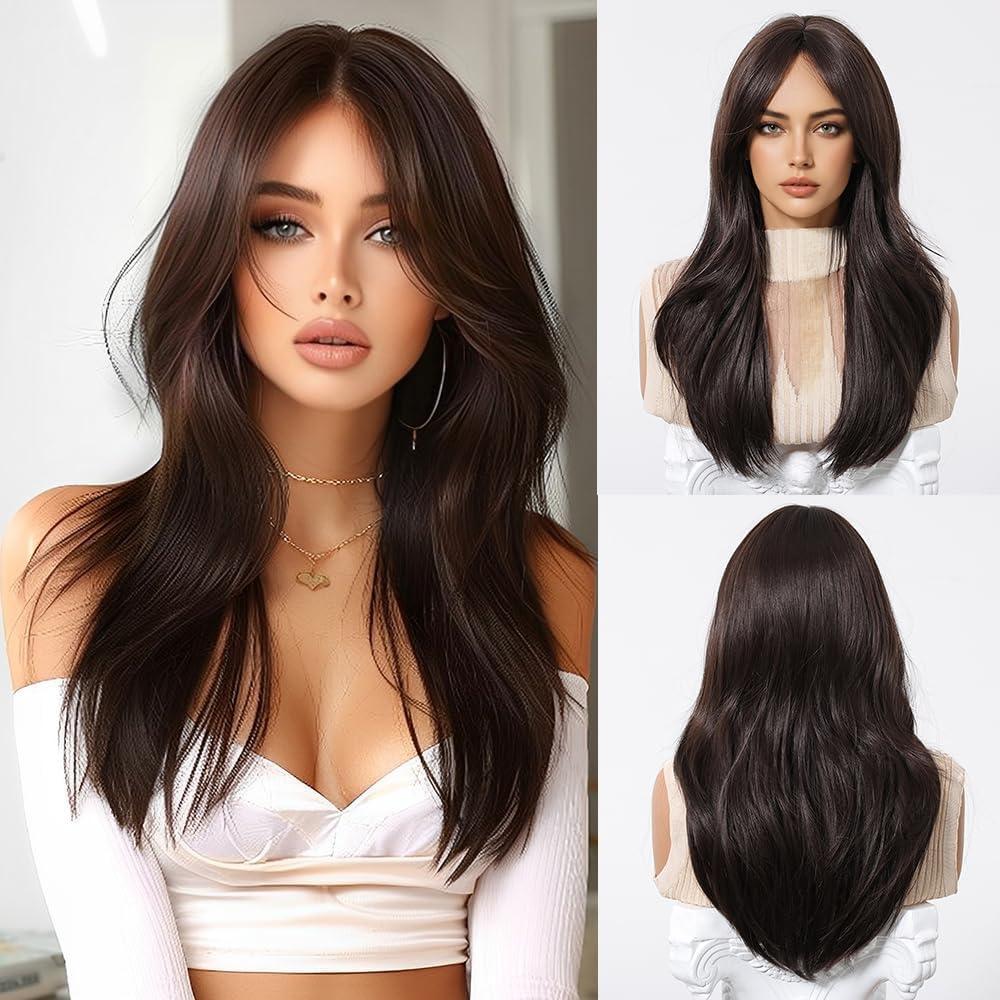 Brown Real Hair Wigs Long Straight with Curtain Bangs Wigs Human Hair Natural Looking for Daily Party Use (Brown,20 inch)