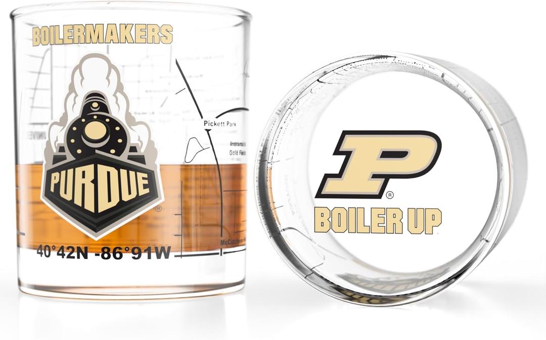 Greenline Goods  University of Purdue Boilermakers College Whiskey Glasses (Set of 2), 10 oz  Full-Color Logo + Campus Map