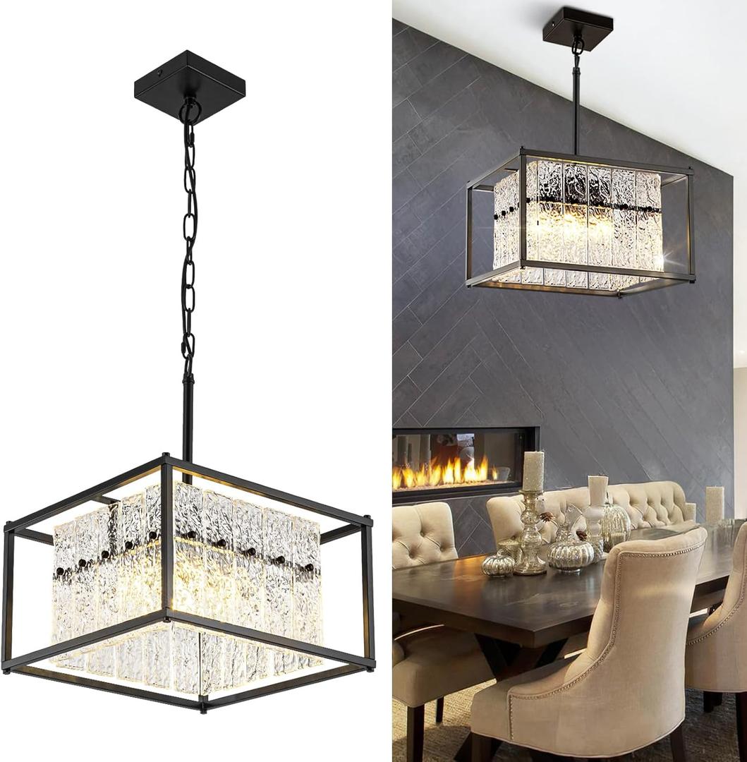 Modern Black Crystal Pendant Light for Kitchen Island, 4-Light Water Ripple Glass Chandelier, Adjustable Height Dimmable Hanging Fixture for Dining Room Bedroom Hallway Entryway