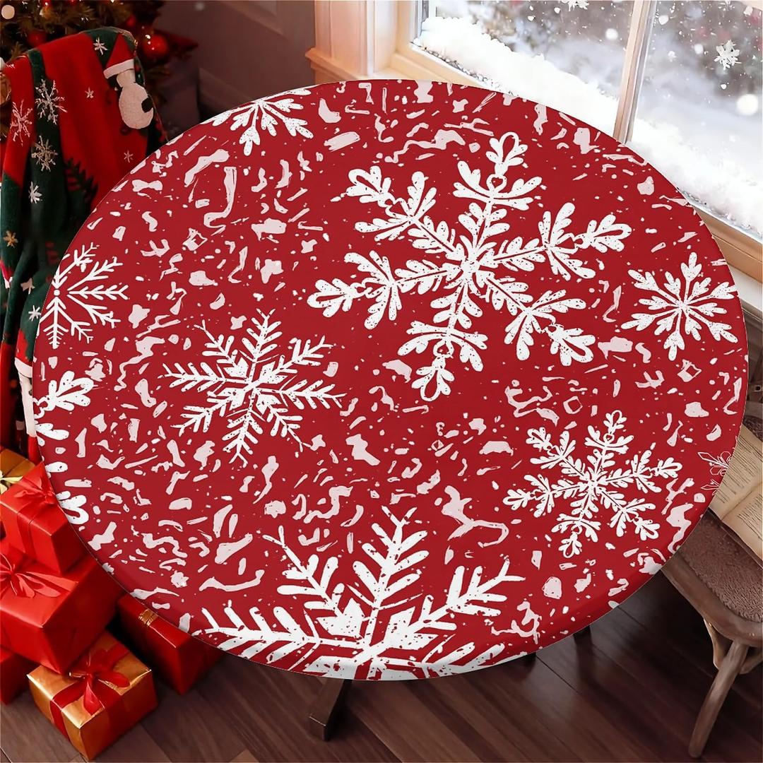 Round Tablecloth with Elastic Edge, 36-60Inch Waterproof Table Cloth for Dinner, Outdoor, Picnic, 36inch, Christmas Snowflakes