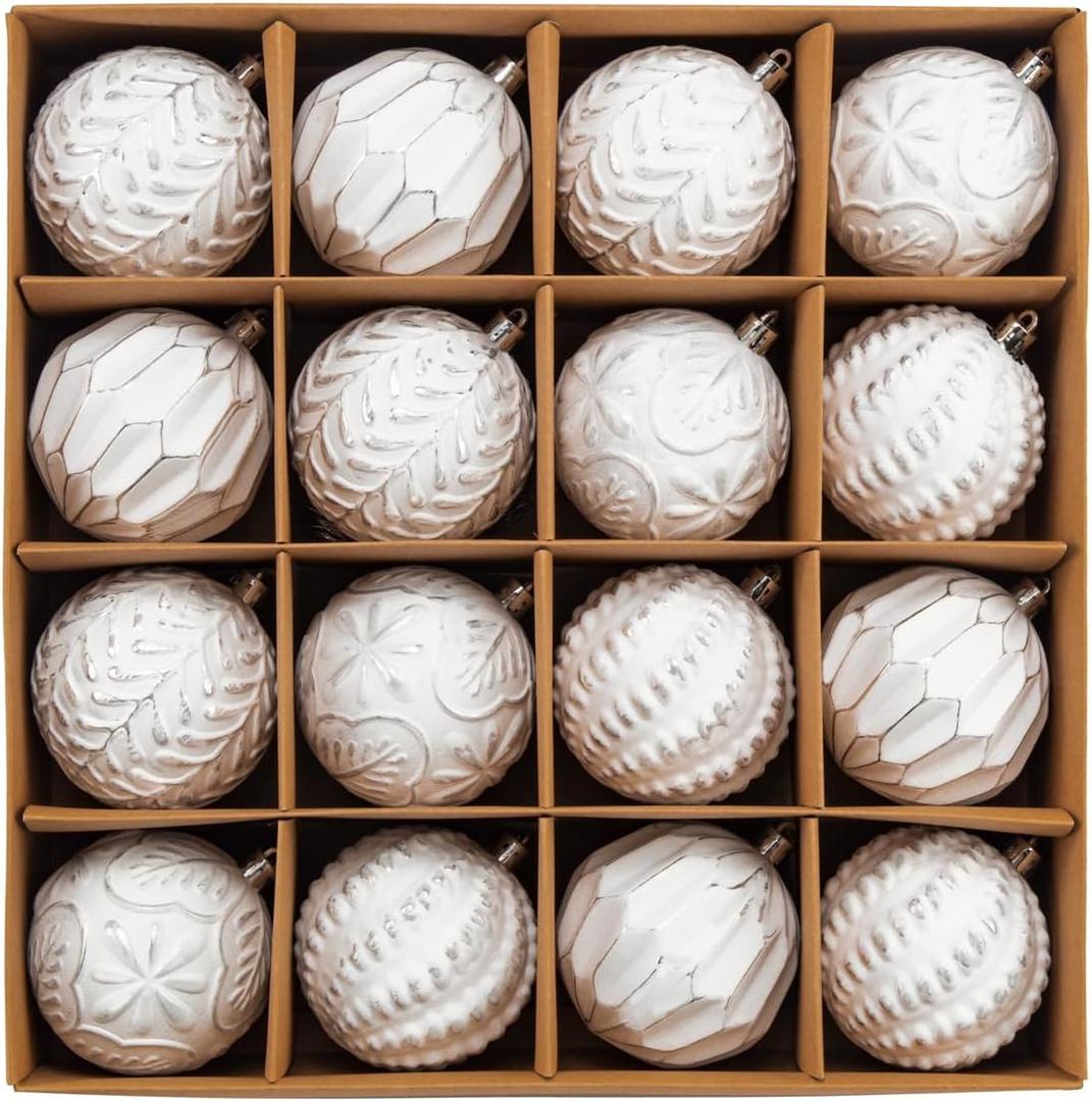 Christmas Ball Ornaments Set, 16ct 80mm Elegant White Assorted Xmas Tree Ball Ornaments, Shatterproof Christmas Tree Hanging Ornaments for Xmas Decoration