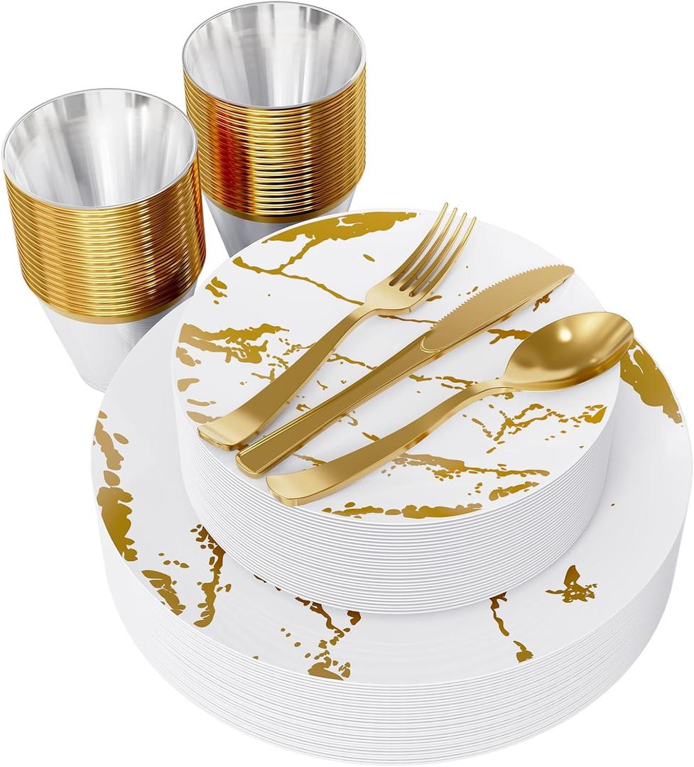 JOLLY PARTY 180PCS Disposable Dinnerware Set 30 Guest, 60 White and Gold Plastic Plates, 30 Plastic Silverware, 30 Cups, Marble Design Disposable Dinnerware for Wedding, Thanksgiving and Parties