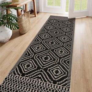 Lahome Bijou Moroccan Easy Jute Runner Rug, 2x8 Washable Hallway Kitchen Runner Black Outdoor Rug with Rubber Backing, Farmhouse Indoor Outdoor Carpet for Hallway 8ft Entryway Porch