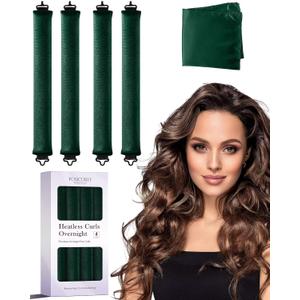 Heatless Curls Overnight Hair Curlers - 4 Pcs No-Heat Curling Rod to Sleep In,Velvet Hair Rollers with Satin Wrap (Green)